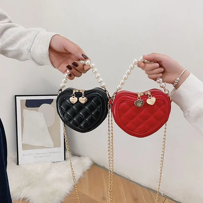 Kids Mini Candy Color Pearl Chain Handle Messenger Bag Women PU Elegant Love Heart Small Shoulder Crossbody Handbag Gift KBG063