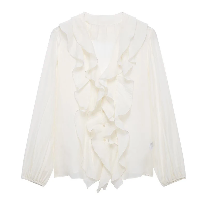 HH Damen Elegante Dünne Einfarbige Sommer-Bluse mit Rüschen, V-Ausschnitt und Puffärmeln, Lässige Damenbluse für Frühling 2026 und Abschlussfeier – Detail 3