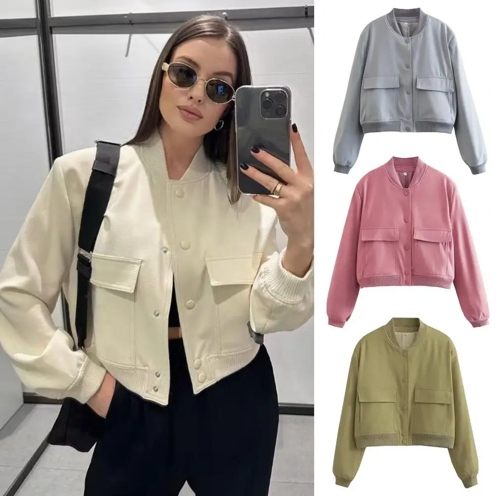 

Women Spring Autumn Bombers Jacket Coats Vintage Long Sleeve Casual Outerwear Chic Tops Button Baseball Aviator Cropped Jackets