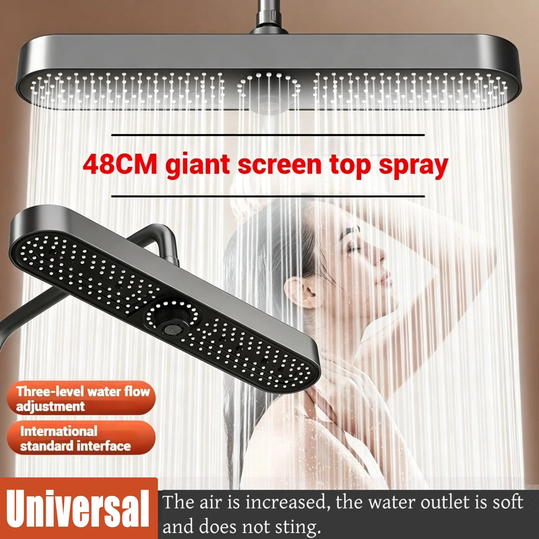 New 19 Inch Super Big Panel Large Flow Supercharge Shower Head 48CM Giant Screen Top Spray 3 Modes High Pressure Bathroom Shower
