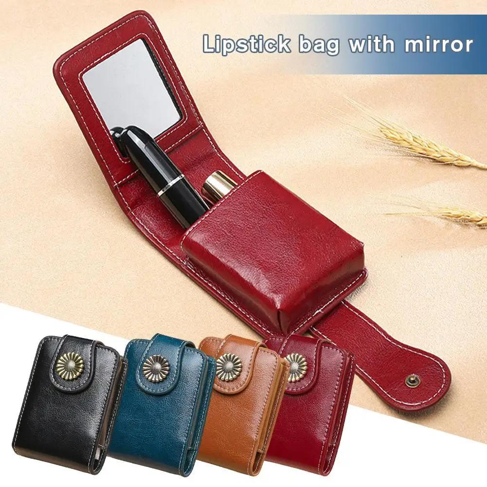 

Mini Makeup Bag Portable Lipstick Cosmetic Bag Genuine Leather Lipstick Packet Lipsticks Storage Pouch With Mirror