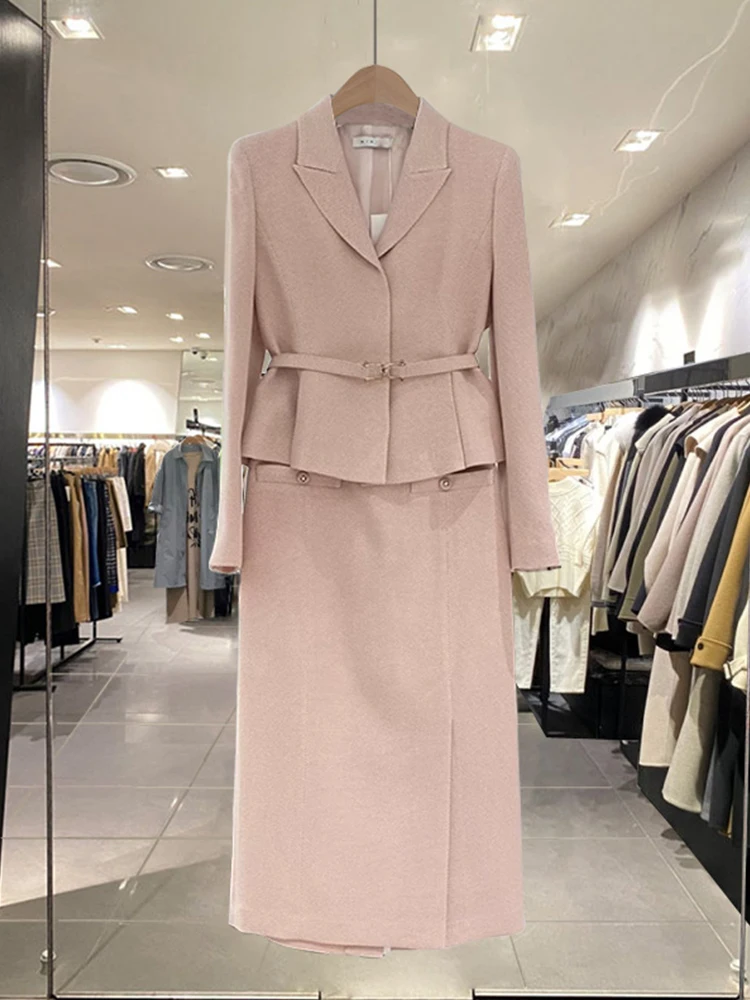 

Новинка 2025, модный приталенный костюм, джемпер с поясом, женский комплект с юбкой V Ne, длинная застежка на пуговицы, полиэфирное волокно