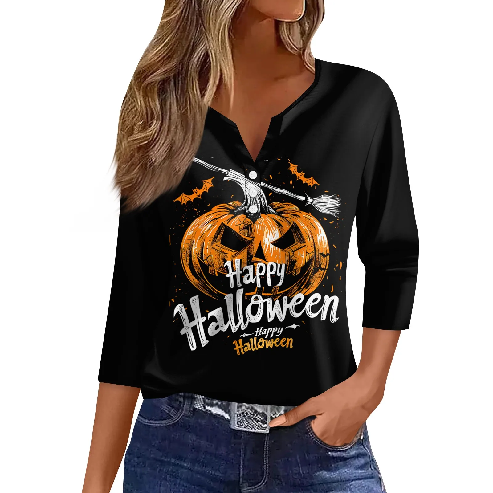 Women's Happy Halloween printed T Shirt Tee Print Button 3/4 Sleeve Daily Weekend Fashion Basic V Neck Regular Women's blouse