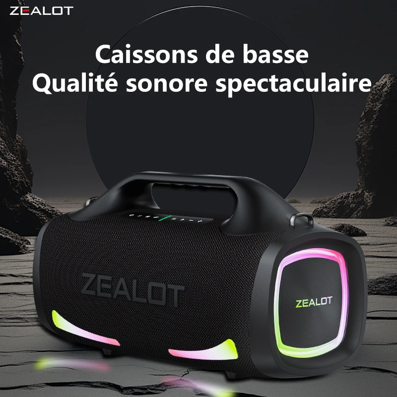 ZEALOT S79 Enceinte Bluetooth sans fil 100W, Caisson de graves portable extérieur, Son stéréo HiFi, Appairage double, Charge rapide, Batterie 24000mAh grande capacité, étanche IPX5, idéal pour fête et