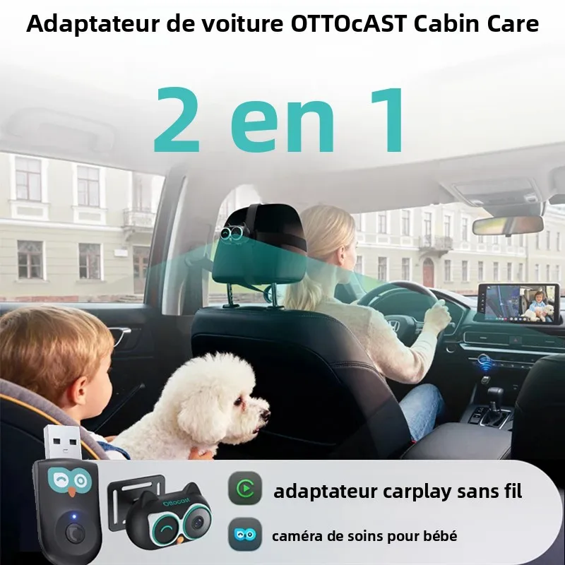 OTTOCAST Cabin Care Adaptateur CarPlay sans fil 1080P HD Caméra de voiture pour bébé 150 °   Moniteur de banquette arrière à écran divisé à vision nocturne grand angle