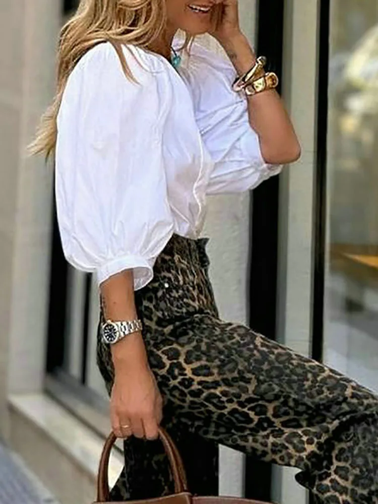 

Модный прямой брючный наряд с леопардовым принтом, повседневный уличный свободный комплект из двух предметов, осенний новый сексуальный женский топ с v-образным вырезом и пышными рукавами