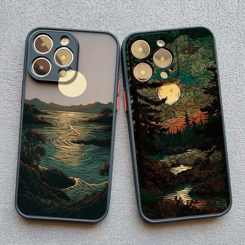 Forest Sunset Landscape Painting Phone Case For iPhone 16 11 13 12 Mini 15 Pro Max 14 7 8 Plus XR XS SE2 Beautiful Flower Cover