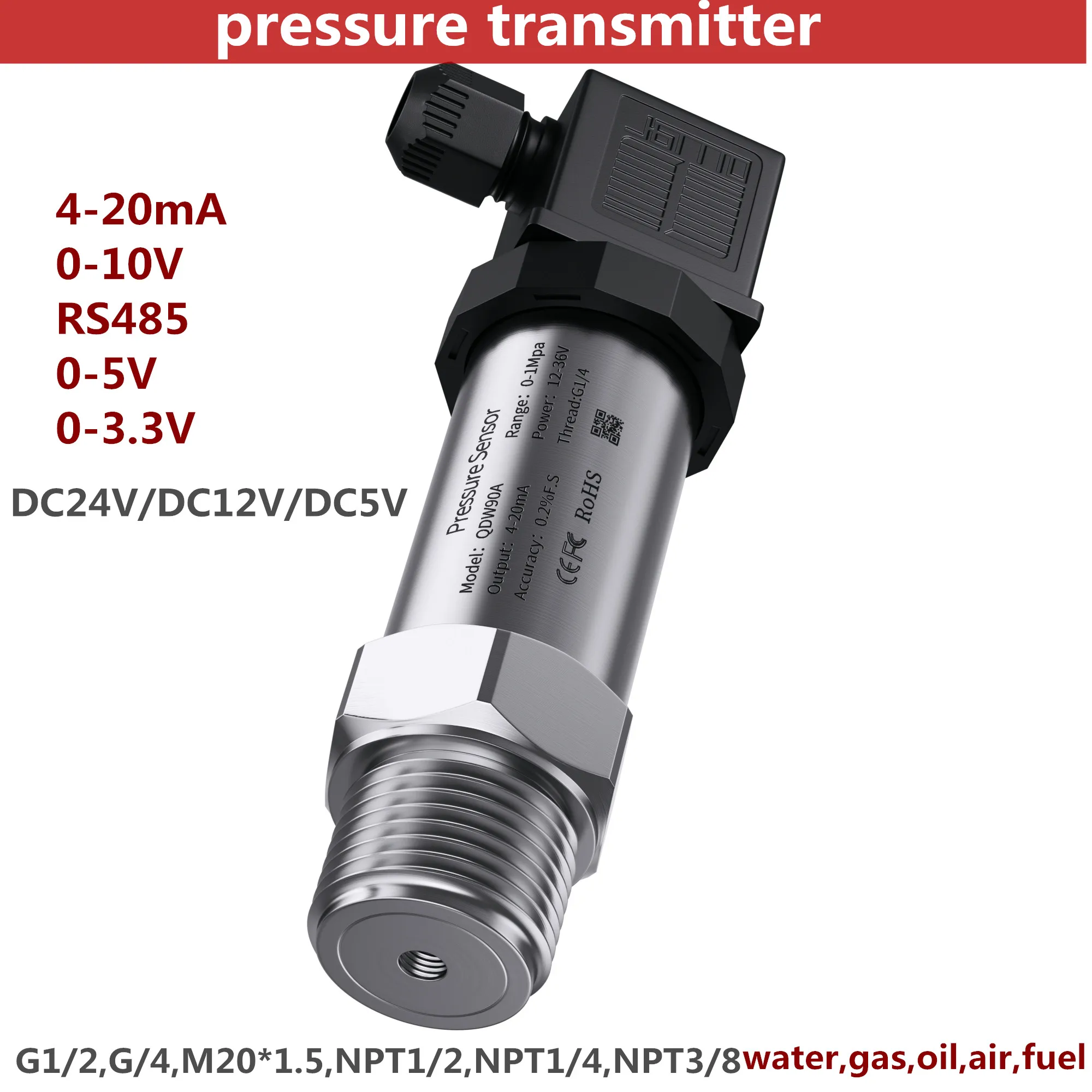 0-10V 4-20mA pressure sensor transmitter 5bar 10bar 60bar 1Mpa G1/4 G1/2 NPT1/4 0.1Mpa 60Mpa 600bar 500bar pressure gauge