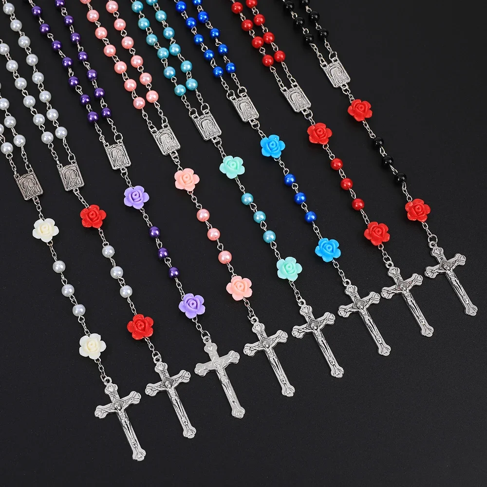 Religion Rosary Necklace For Women 6MM Imitation Pearl Long Chain Virgin Mary Jesus Cross Pendant Men Christian Prayer Jewelry