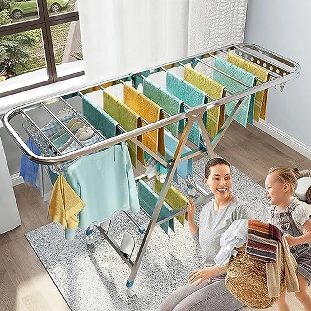 Outdoor Clothes Drying Rack Stainless Steel Balcony Clothesline Foldable Laundry Dryer with Wheels Multifunctional 59in