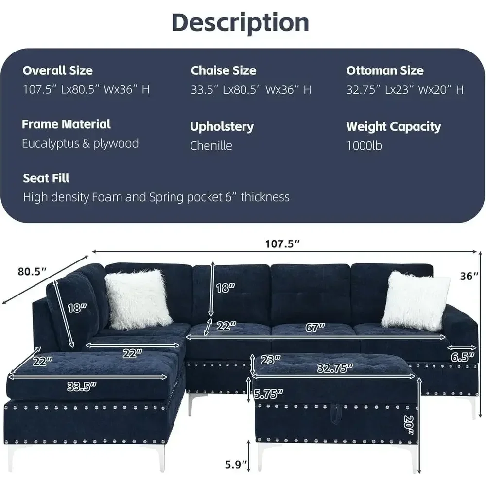 Navy Blue 5-Seat L-Shape Sectional Sofa with Wide Reversible Chaise, Storage Ottoman, Cup Holders, and Copper Nails