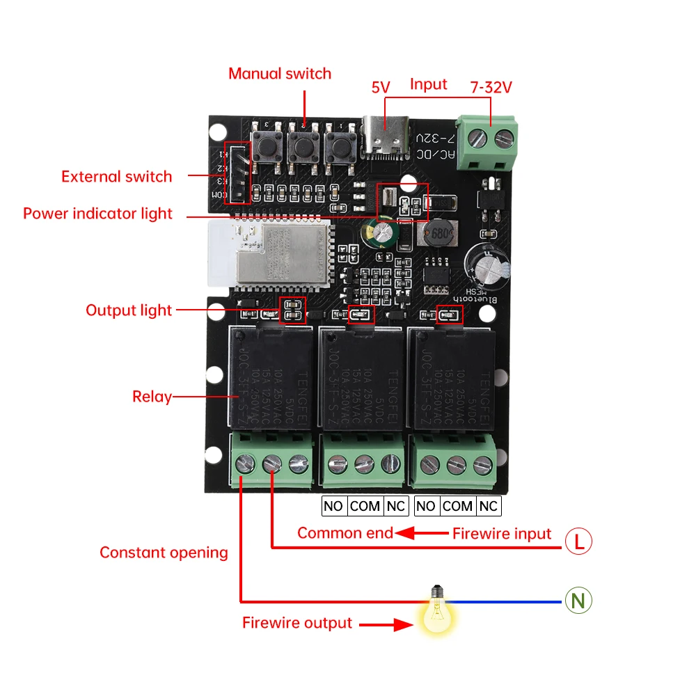 DC/AC 7V-32V Smart Bluetooth MESH Switch 2/3/4 Channel Relay Module Suitable for Xiaomi Mi Home Mijia APP