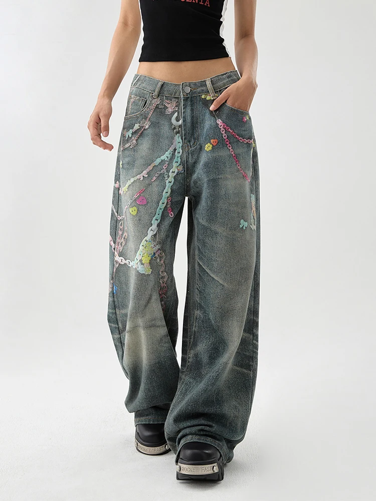 

Осень 202, женские винтажные мешковатые джинсы в стиле панк в стиле хип-поп с граффити, уличная одежда Y2K, эстетические джинсовые брюки в стиле Харадзюку 2000-х годов, брюки в стиле гранж