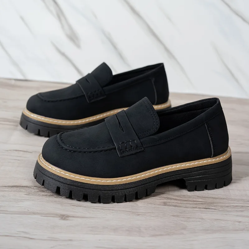 

British Style Women Leather Casual Shoes New Fashion Round Toe Slip-on Loafers Plus Size Woman Outdoors Walking Platform Shoes
