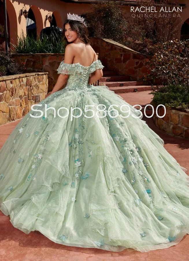 Personalizado hortelã verde glitter tule princesa quinceanera vestidos fora do ombro borboleta floral rendas baile de formatura vestido de 15 verde