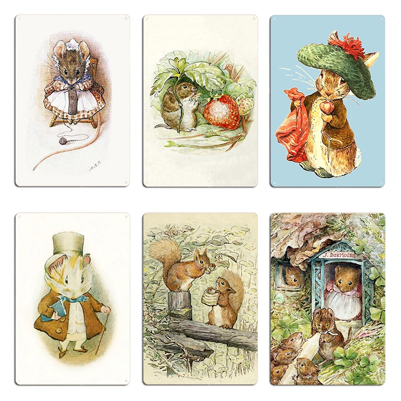 Benjamin Bunny Timmy Willie Mouse Knitting Mouse Beatrix Potter Metal Plaque Club Decoration Designing Painting Tin Sign Poster
