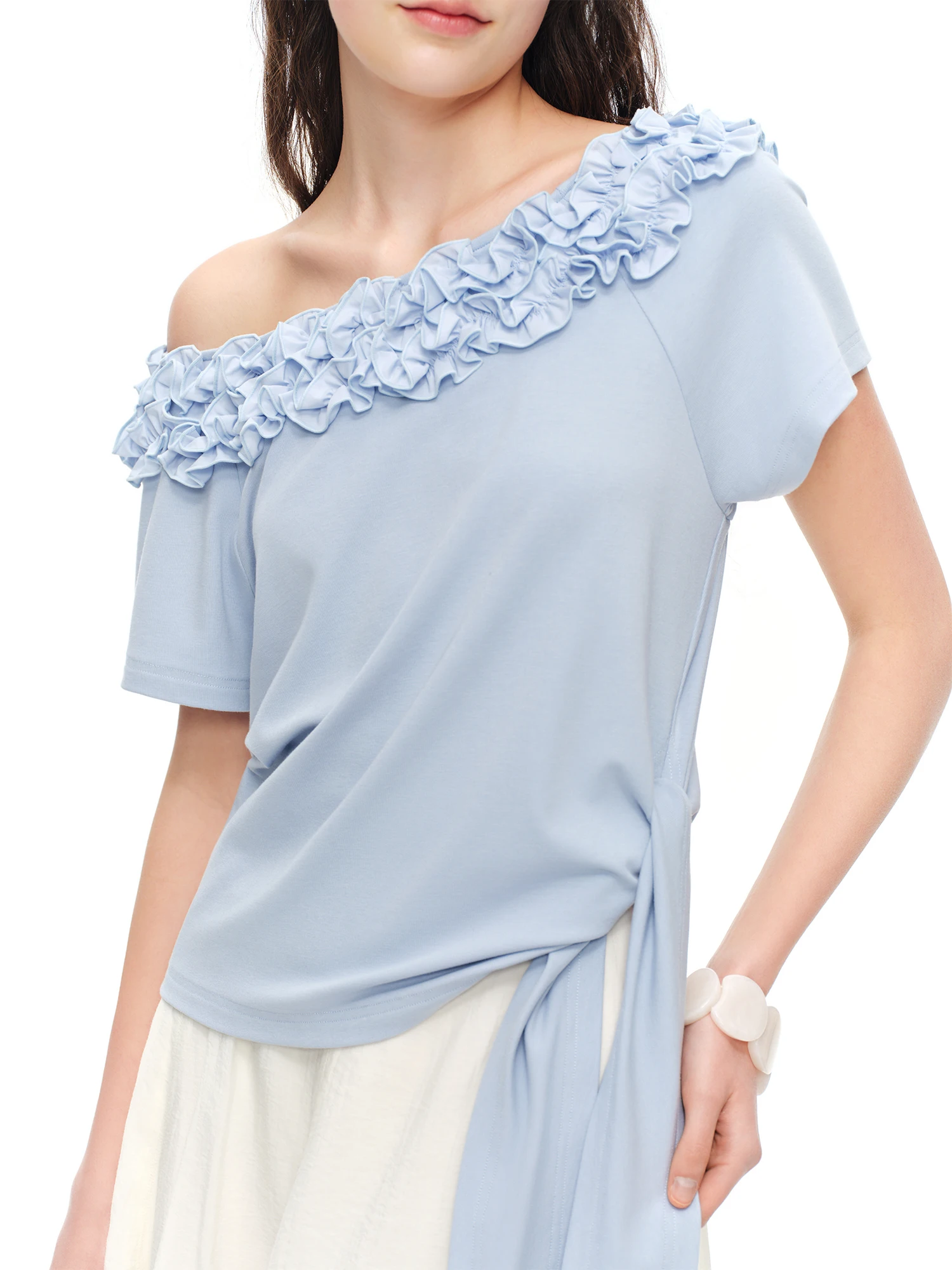 DUSHU Lace Trim Keyhole Neckline Dual-Wear T-Shirt Stylish Multi Color Slim-Fitting Top for Women 2026 Summer New Collection