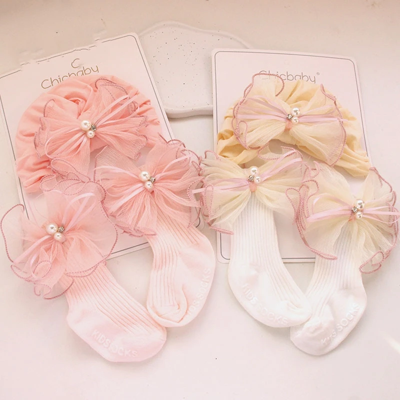 

2Pcs Baby Girls Flower Cap Socks Set Cute Floral Newborn Short Tube Sock+ Turban Hat Summer Thin Infant Indian Caps