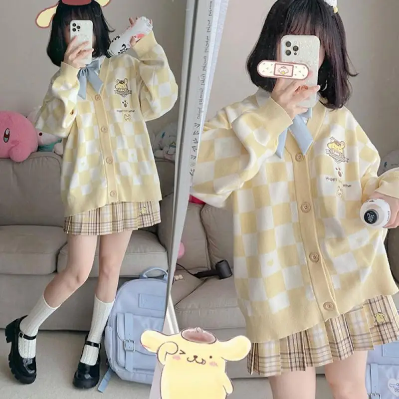 Anime Sanrioed Pompompurin Girl Cardigan Sweater Kuromi Kawaii Cinnamoroll Spring Autumn Knit Coat Preppy Loose Sweet Embroidery