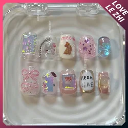 Diy Short Round Creativity Funny Fashion Press On Nails Spider Glasses Silver Five-Pointed Star Cute Cat Handmade Nails Gift