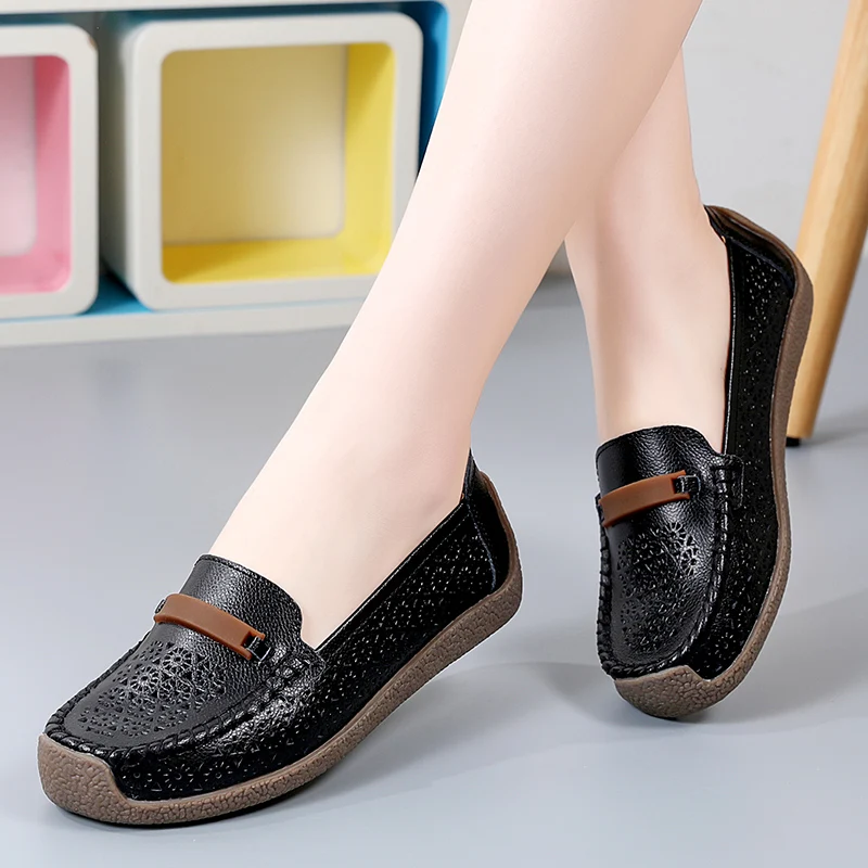 Women\'s Flats 2023 Summer Breathable Hollow Slip on Casual Shoes for Women Genuine Leather Light Female Walking Shoes Loafers