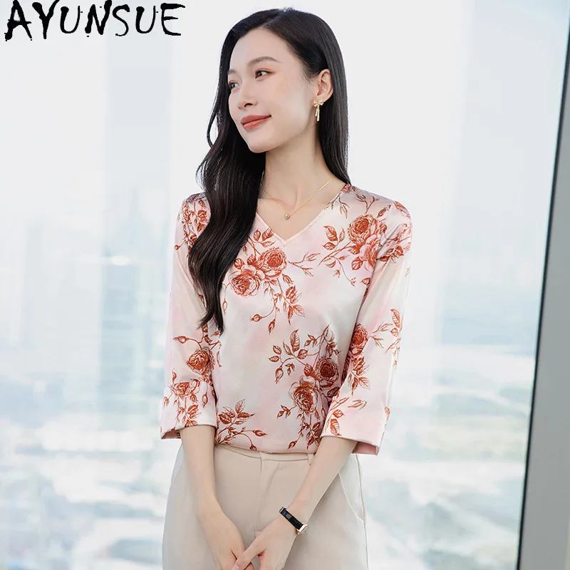 

AYUNSUE 90% шелковые блузки-пуловеры для женщин, элегантные топы с V-образным вырезом и рукавами три четверти для женщин, рубашки с принтом роз, женская одежда