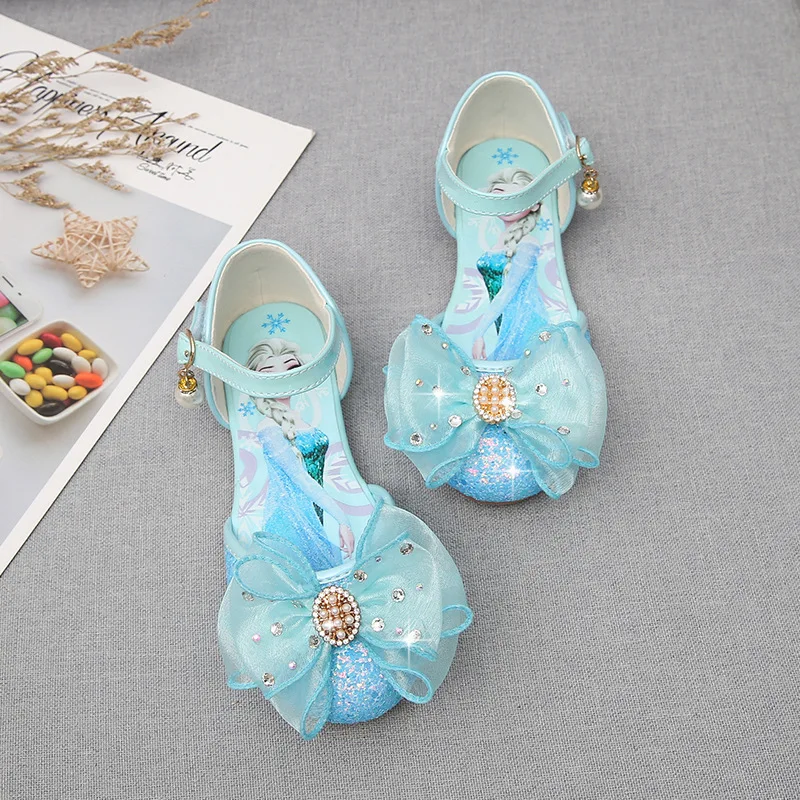 Disney Frozen Fashion Girls\' Princess Elsa scarpe Casual garza strass Bowknot blu rosa perla scarpe con paillettes appartamenti taglia 24-3