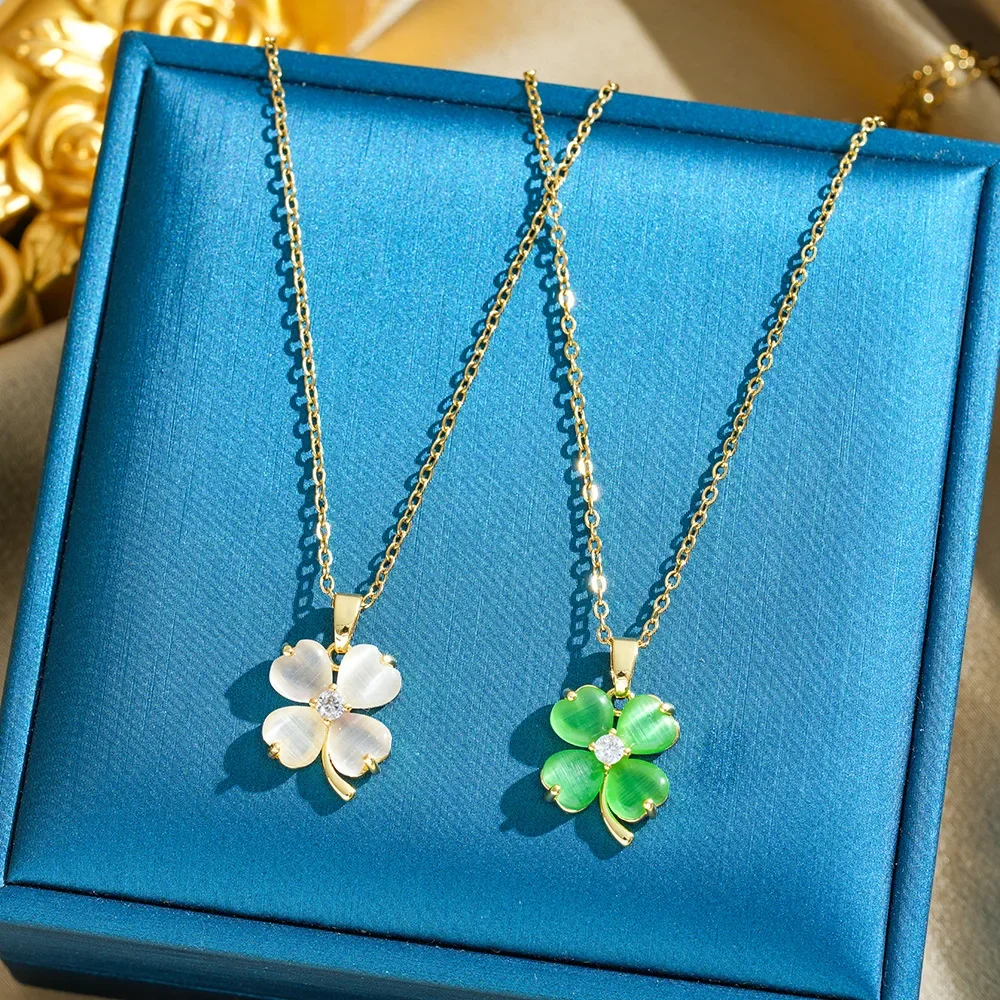 Слегка инкрустированная настоящим золотом кошачий глаз, четырехлистный цветок, модная женская костяная цепочка, ожерелье из титановой стали