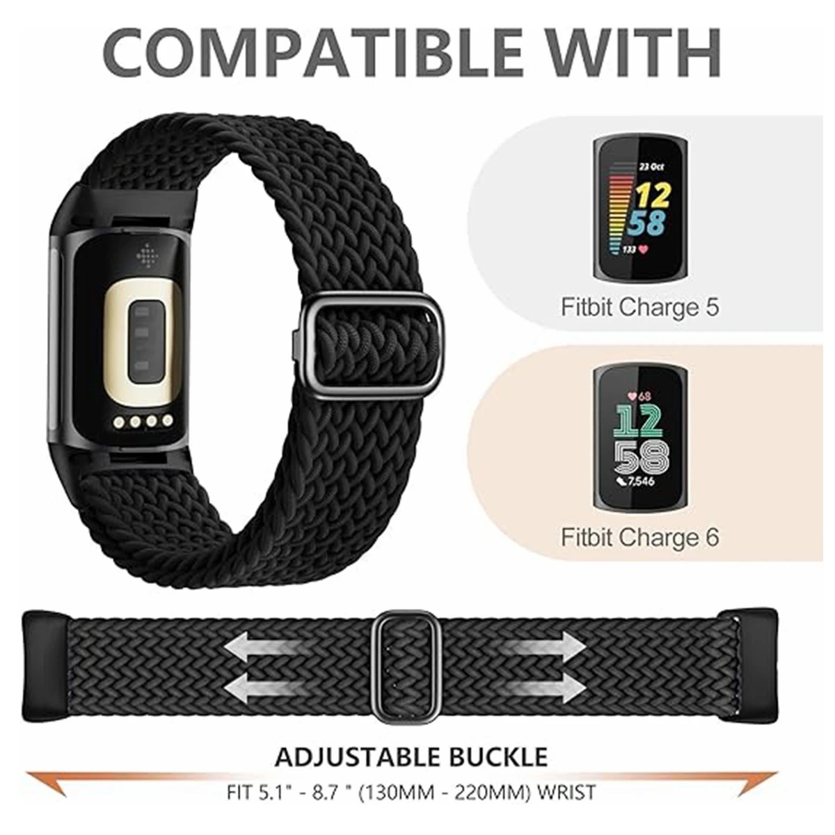 Dehnbares Nylonarmband für Fitbit Charge 6 5, elastisch, gewebt, weich, Sport, atmungsaktiv, Uhrenarmband, Schlaufenersatz für Fitbit Charge 5 6 – Detail 2