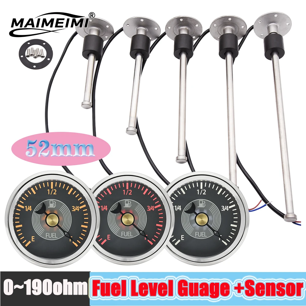 0-190 ohm Fuel Float Sensor+52mm Fuel Level Gauge Red & Yellow LED Light Boat Car Retro Fuel Meter A5 Sender Unit 12V 24V Custom