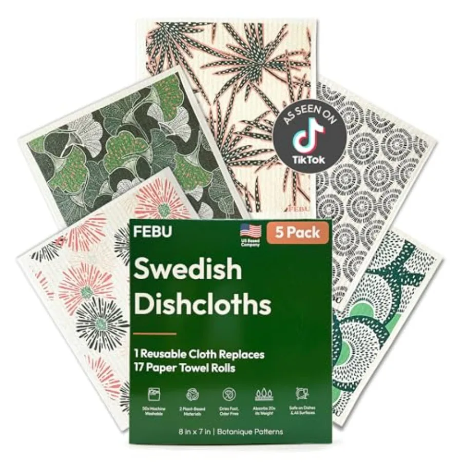 

Swedish Dishcloths for Kitchen 5 Pack Reusable Paper Towels Washable Swedish Dish Towels Non-Scratch Cellulose Sponge Cloths No