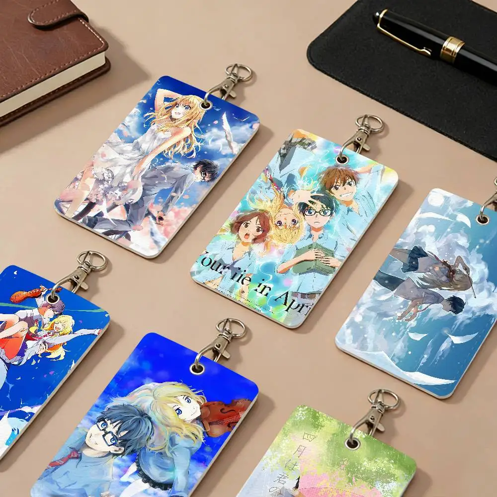 Anime Your Lie In April Freund PU-Leder Kartenhalter Diebstahlsichere Studentenausweis-Schutzhülle Campus-Zugangskarten Schlüsselanhänger