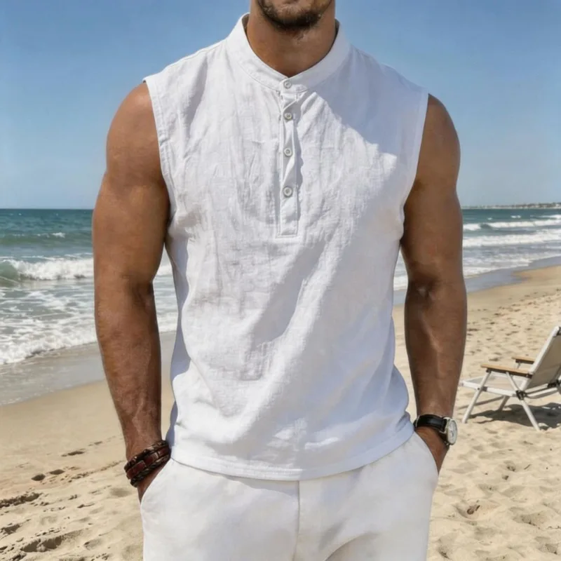 Men Stand Collar Henley Sleeveless Linen Tank Top Summer Vintage Casual Beach Vest Multiple Colors S-6XL