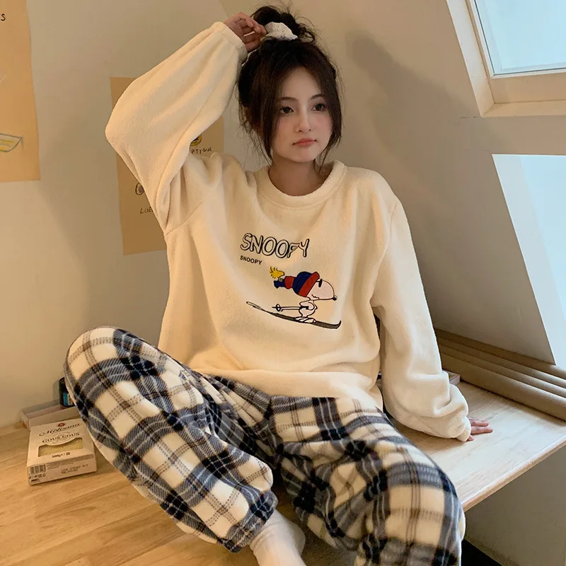 Peanuts Cartoon Snoopy Coral Fleece Pajamas Round Neck Thick Flannel Home Clothes Ins Women Cute Christmas Gift For Girlfriend