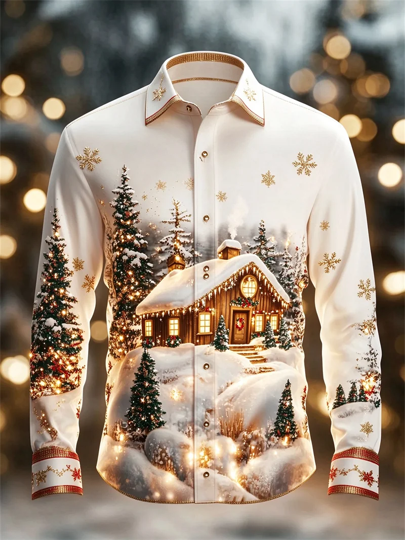 New men's blue and white Christmas long sleeved shirt, forest hut pine tree snowflake print lapel holiday shirt