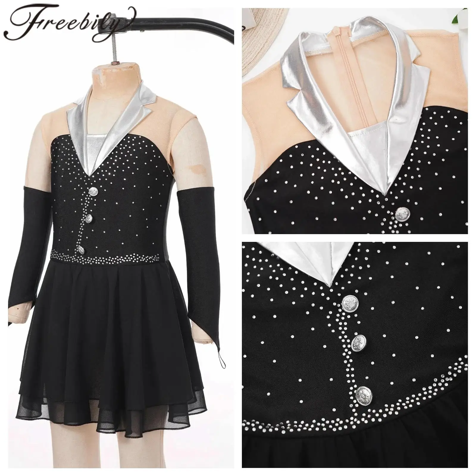 

Stage Dancewear Children Lyrical Dance Costume Kids Girls Shiny Ballet Skating Tuxedos Latin Cha-cha Leotard Dress with Gloves