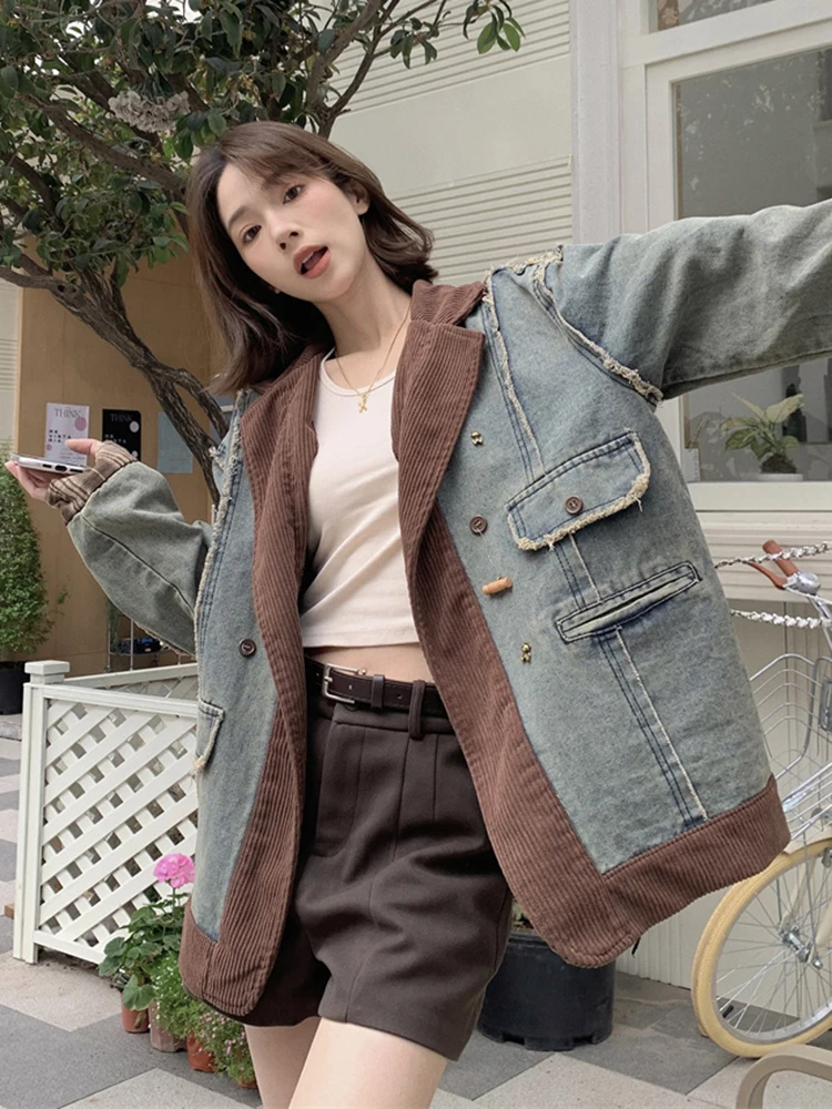 Retro Ripped Corduroy Jacket Coat Loose Casual Single-Breasted Pocket Outwear Fall Winter Long Sleeve Patchwork Denim Jackets