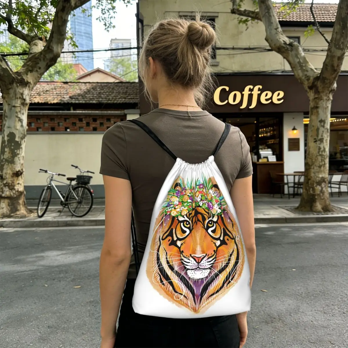 Tiger With Floral Wreath Backpacks Portable Drawstring Bags Sports Bag Book Bags for Man Woman Students
