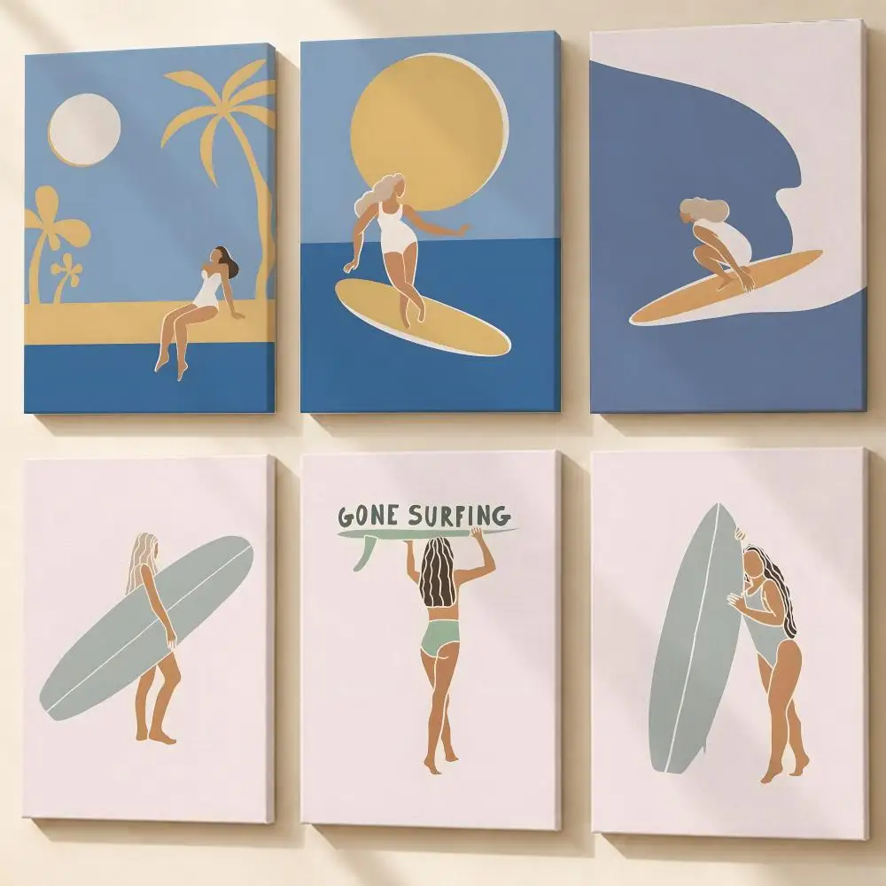 Surfer Beach Sea Framed Wall Painting Ready to Hang Canvas Art Poster for Living Room Bedroom Home Decor Decals