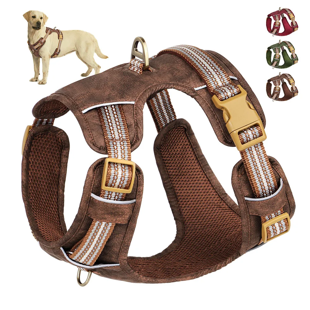 Waterproof PU Dog Harness Breathable Nylon Dog Harnesses Pet Training Walking Vest With Reflective Strip for Small Large Dogs