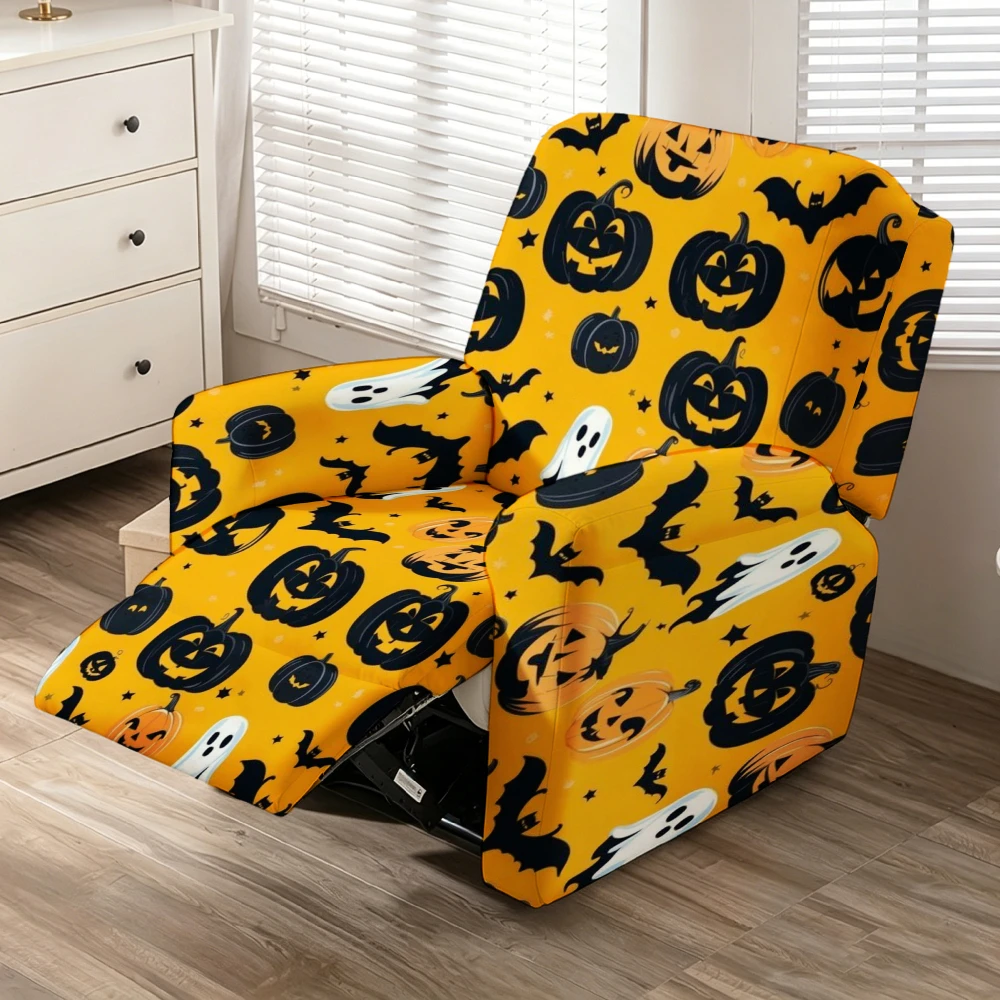 Leuchtend gelber Jack-o-Lantern Geisterfledermaus Halloween-Druck Stretch-Sesselbezug, abnehmbarer, waschbarer Sofabezug für das gesamte Sofa
