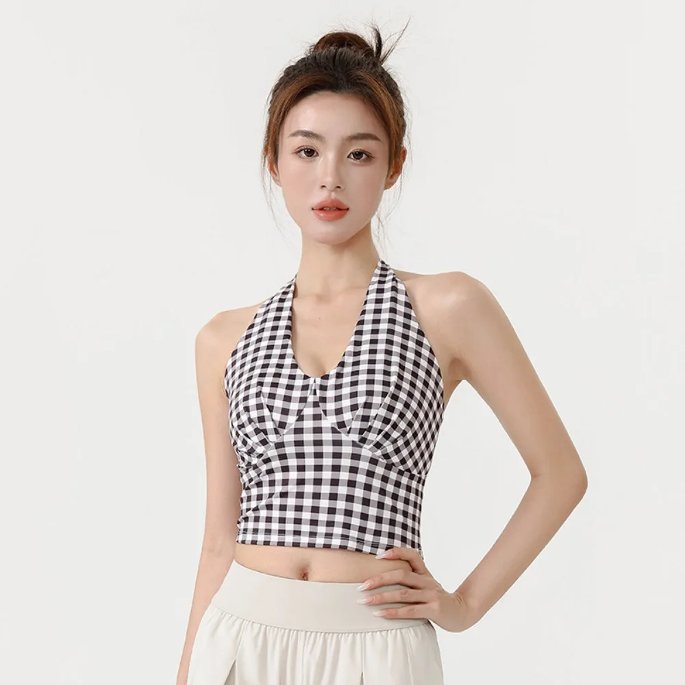 Fashion V-Neck Yoga Vest Plaid Fixed Pad Sports Bra Slim Fit Breathable Push-Up Tank Top Yoga Training