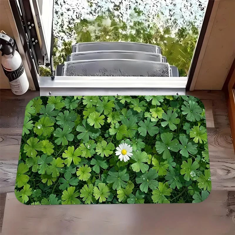 Green Clover Daisy Leaf Print Door Mat Anti Slip Entrance Doormat Fresh Plant Floral Pattern Rug Kitchen Entryway Bedroom Decor