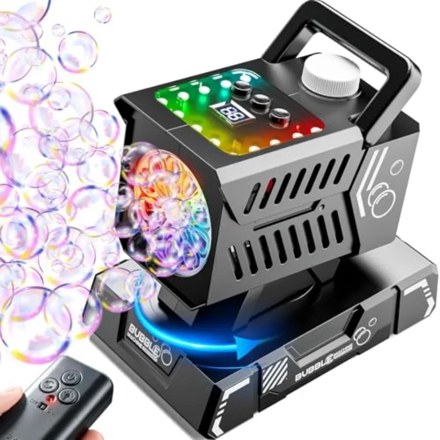 

Bubble Machine Remote Control 98ft Range, Auto Rotation and 11 RGB Lights, 1800mAh Rechargeable Battery/USB-C Charging, Top-Fil