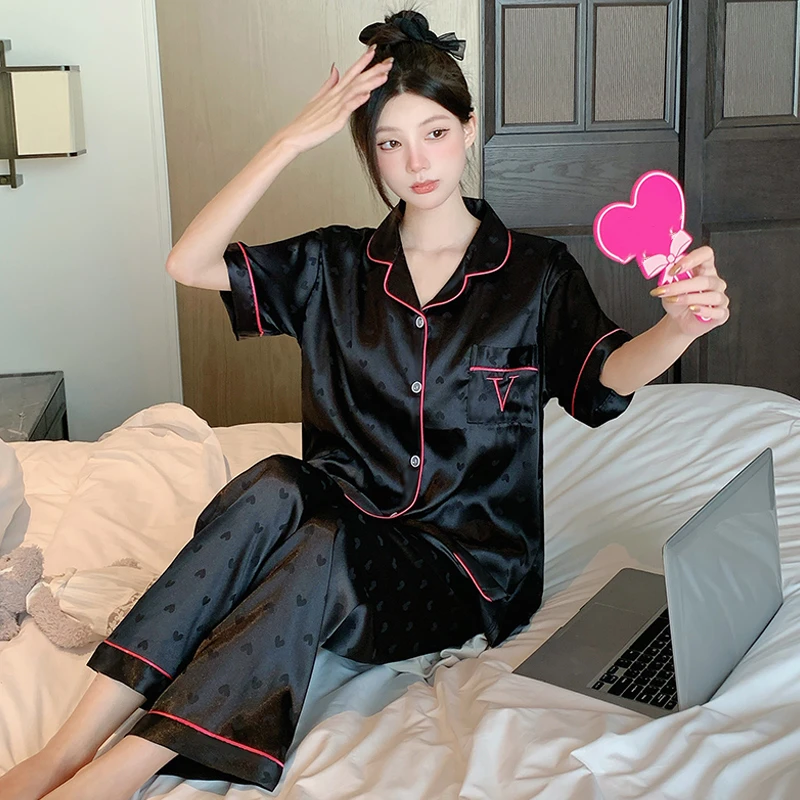 

Summer New 2025 Letter Love Print Women's Pajamas Two Pieces Set Fashion Cute Women's Sleepwear Korean Casual Simple Loungewear