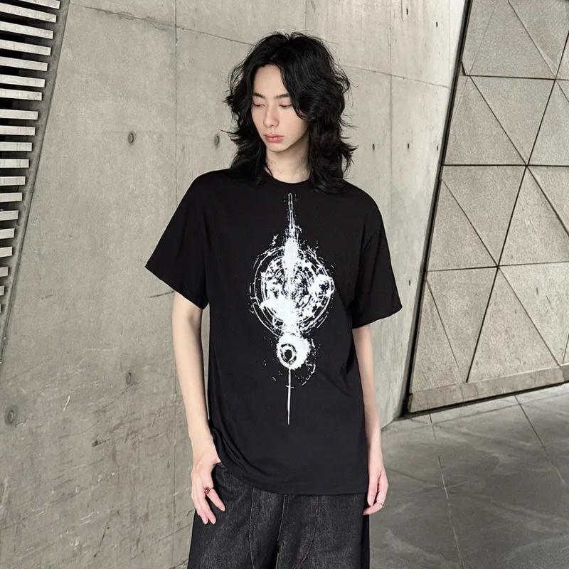 HKSH Summer Men Tide Chic Ins Dark Gothic Pattern Print Futuristic Sphere Eye Short Sleeved T-shirt Y2K Vibe Gothic Tees HK25233