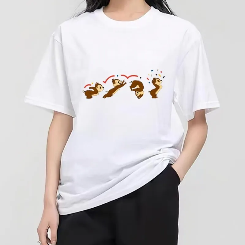 MINISO Disney Chip 'n' Dale T Shirt wanita pasangan kombinasi pakaian lengan pendek kerah Fashion pria katun