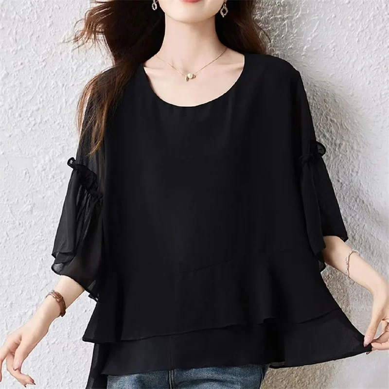Korean Women Fashion Large Size 6xl Thin Tops Summer Female Chiffon Loose Shirts Lady High-end Round Neck Flared Sleeved T-shirt