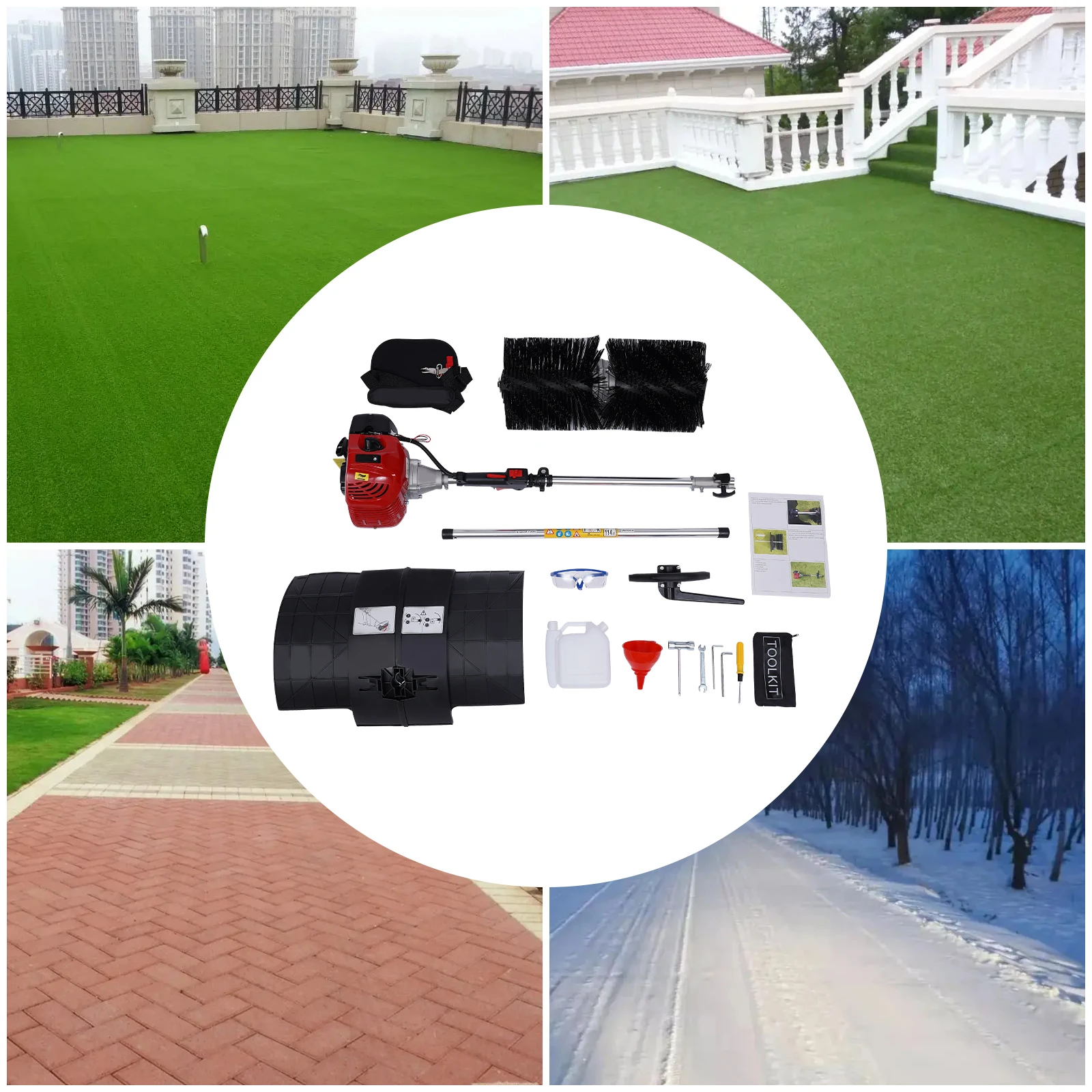 2 Stroke 52CC Sweeping Broom Driveway Turf Lawns Nylon Brush Air-cooled Handheld Hand Pull Start Sweeper with Engine and Rod