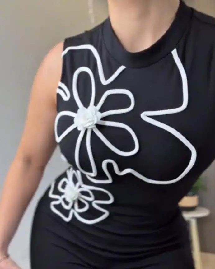 Jumpsuit Women 2025 Spring New Fashion Floral Print High Neck Sleeveless High Waist Solid Color Elegent Daily Long Jumpsuit